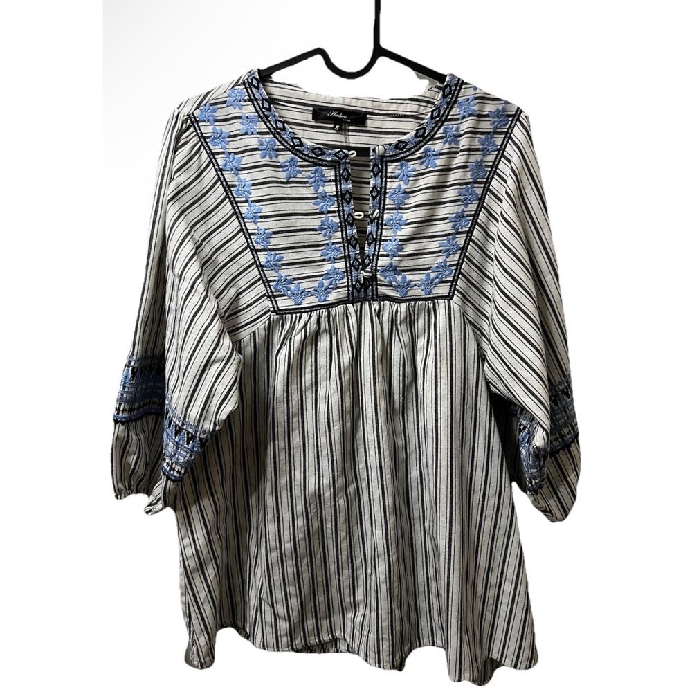 Andree by Unit Striped Boho Embroidered Blouse Blue floral peasant top Small